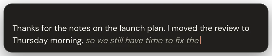 johTalk's live caption: settled words in white, the current guess in grey italics.