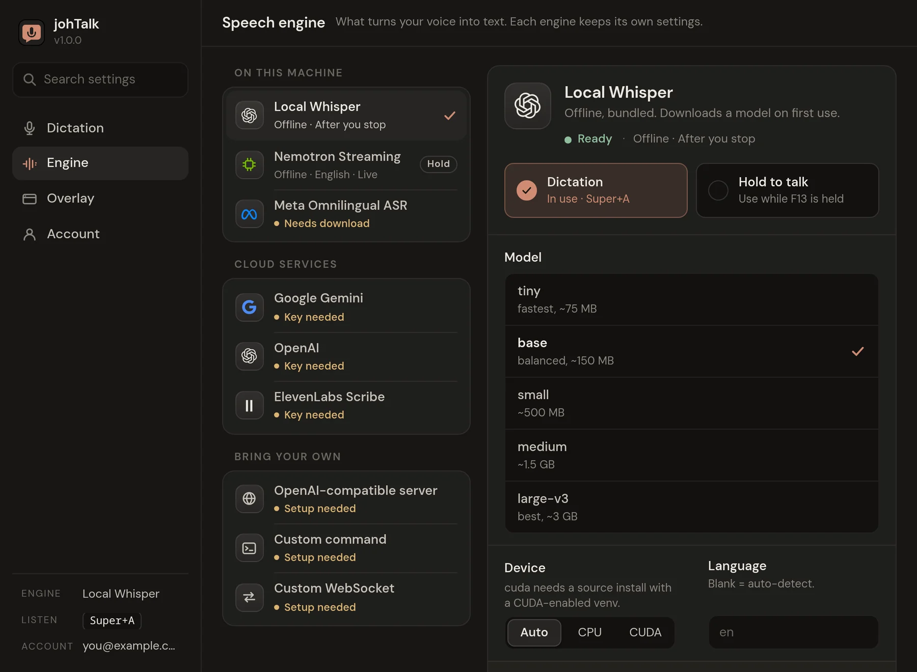 johTalk Settings, Engine page: local engines (Local Whisper, Nemotron Streaming, Meta Omnilingual ASR), cloud services (Google Gemini, OpenAI, ElevenLabs Scribe) and bring-your-own options, with Local Whisper's model sizes on the right.