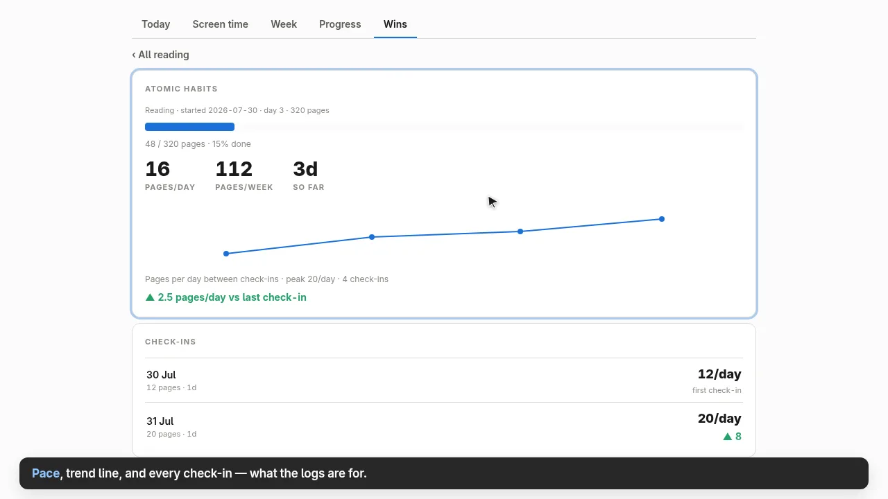 A preview render of JohData Desktop's Wins page: a reading goal with its pace line and check-ins.